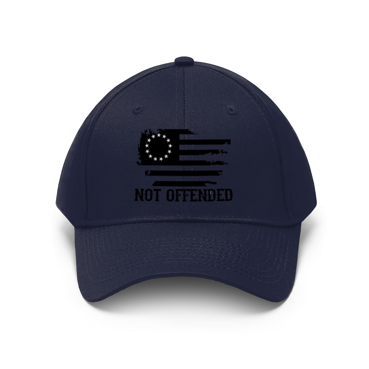 Embroidered Not Offended Casual Twill Hat with flag design and text, showcasing a bold free-speech statement.