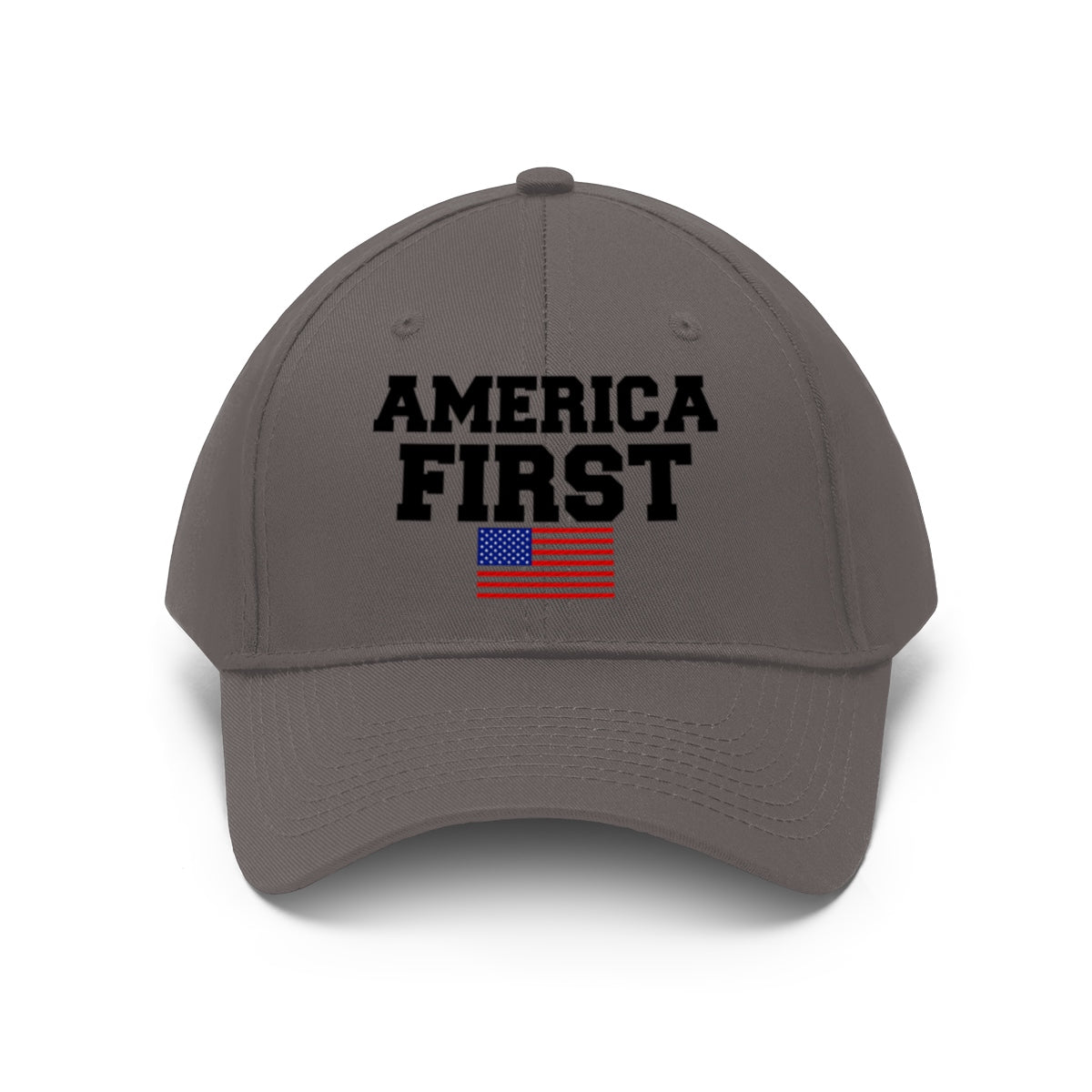 America First Patriotic Twill Cap featuring bold text and American flag design, perfect for showcasing national pride.