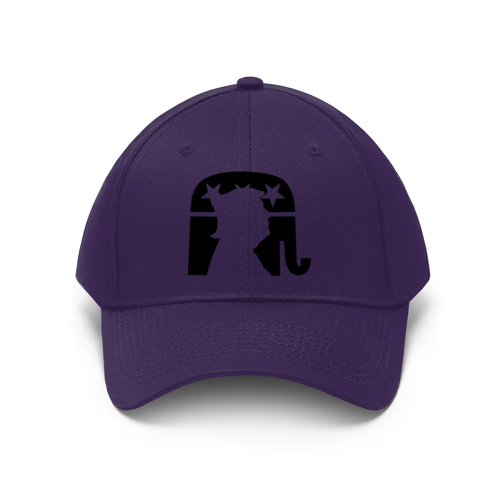 Trump Silhouette On GOP Symbol Twill Cap in purple with iconic design on front.