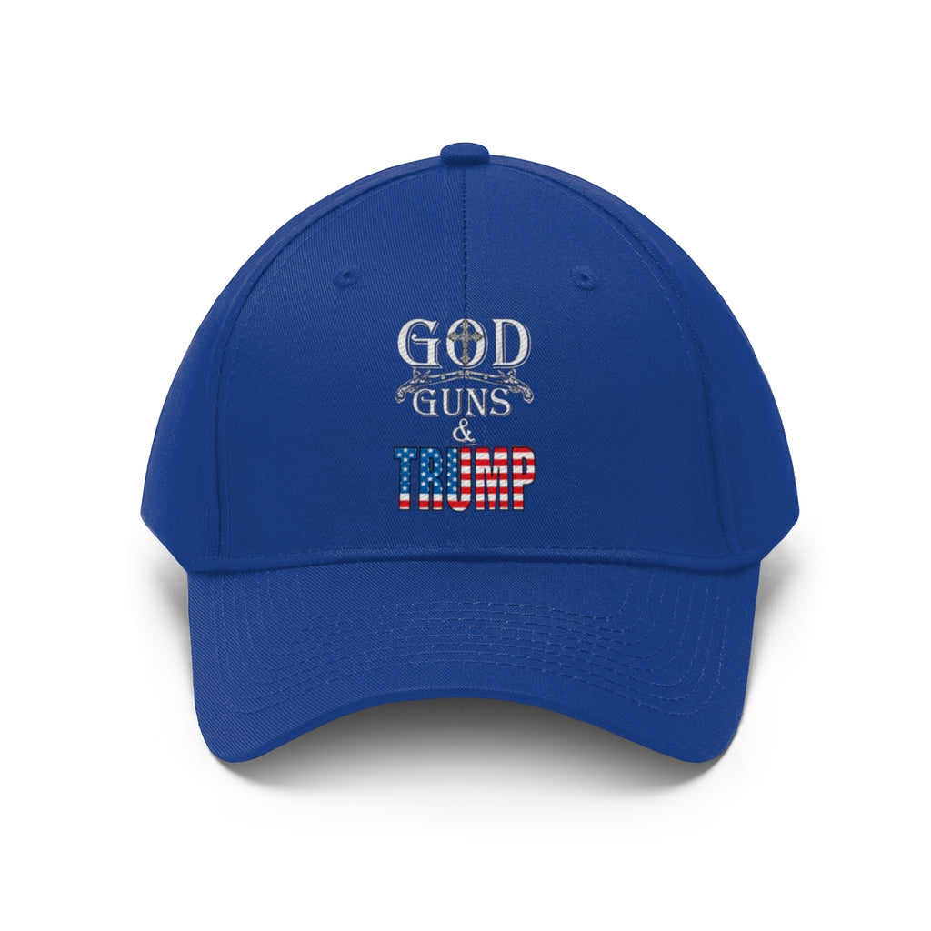 God Guns And Twill Cap Trump Patriotic Statement Hat in blue with embroidered design.