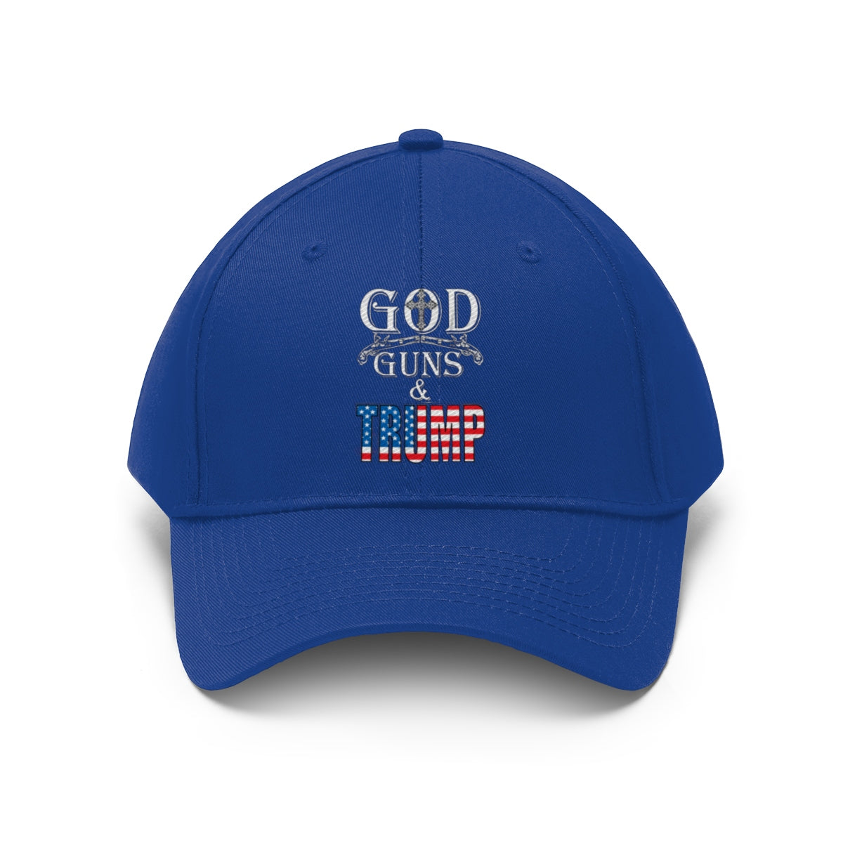 God Guns And Twill Cap Trump Patriotic Statement Hat in blue with embroidered design.