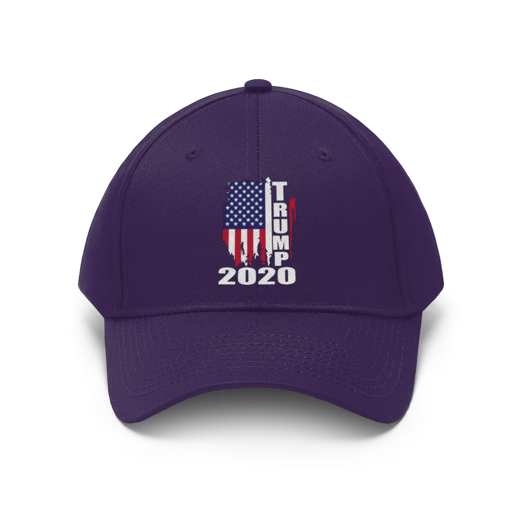 Vertical Distressed American Flag 2020 Trump Twill Cap in purple with American flag design and Trump 2020 text.