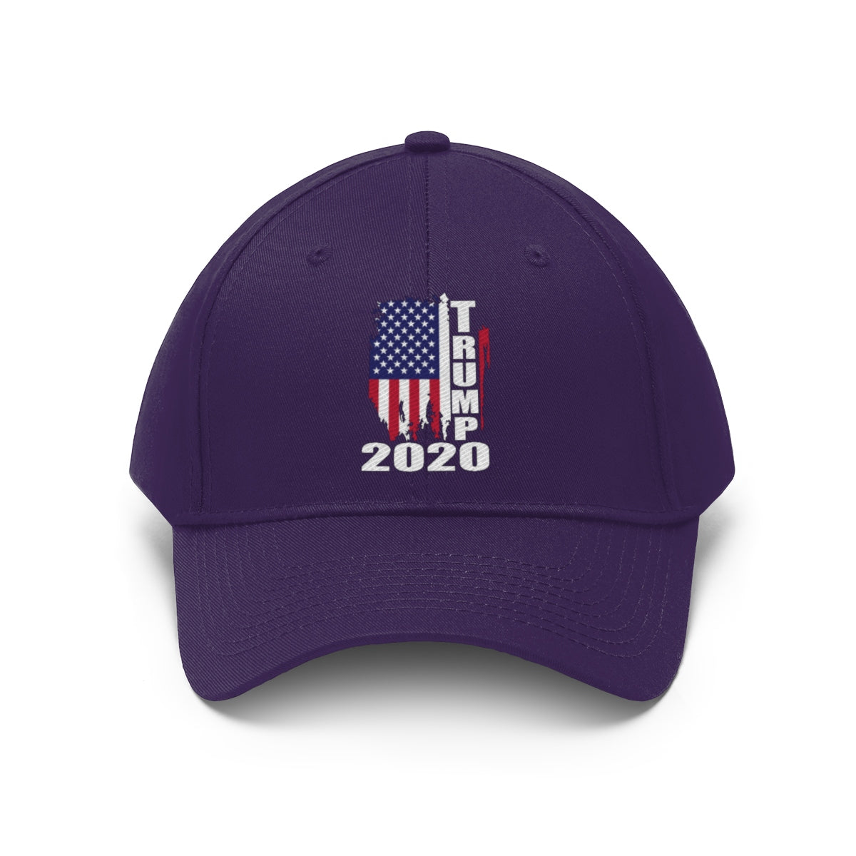 Vertical Distressed American Flag 2020 Trump Twill Cap in purple with American flag design and Trump 2020 text.