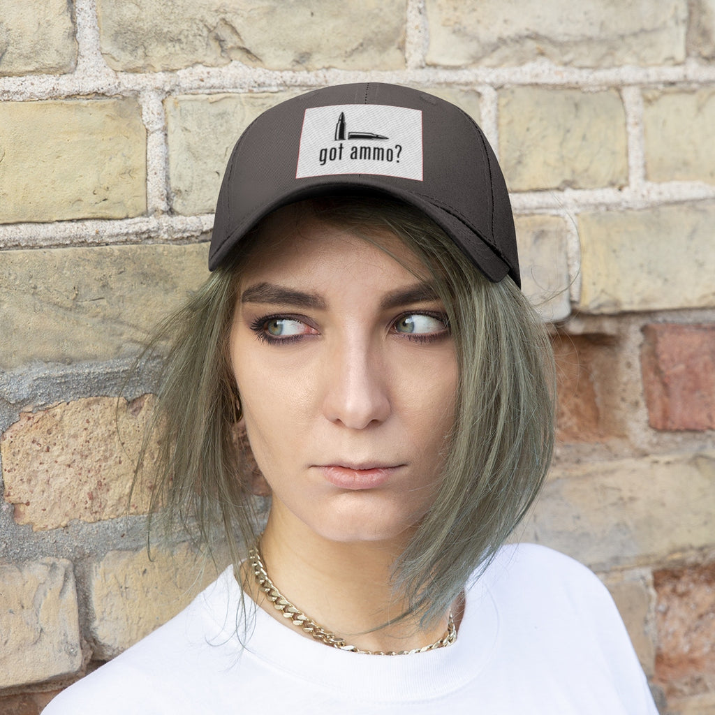Got Ammo Twill Cap Funny Tactical Style Cap worn by a model against a brick wall, showcasing its distinct design.