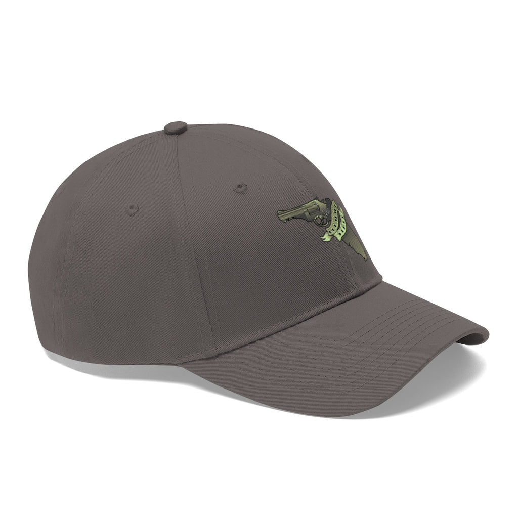 Florida The Gunshine State Twill Cap with a graphic of a gun on a gray baseball hat