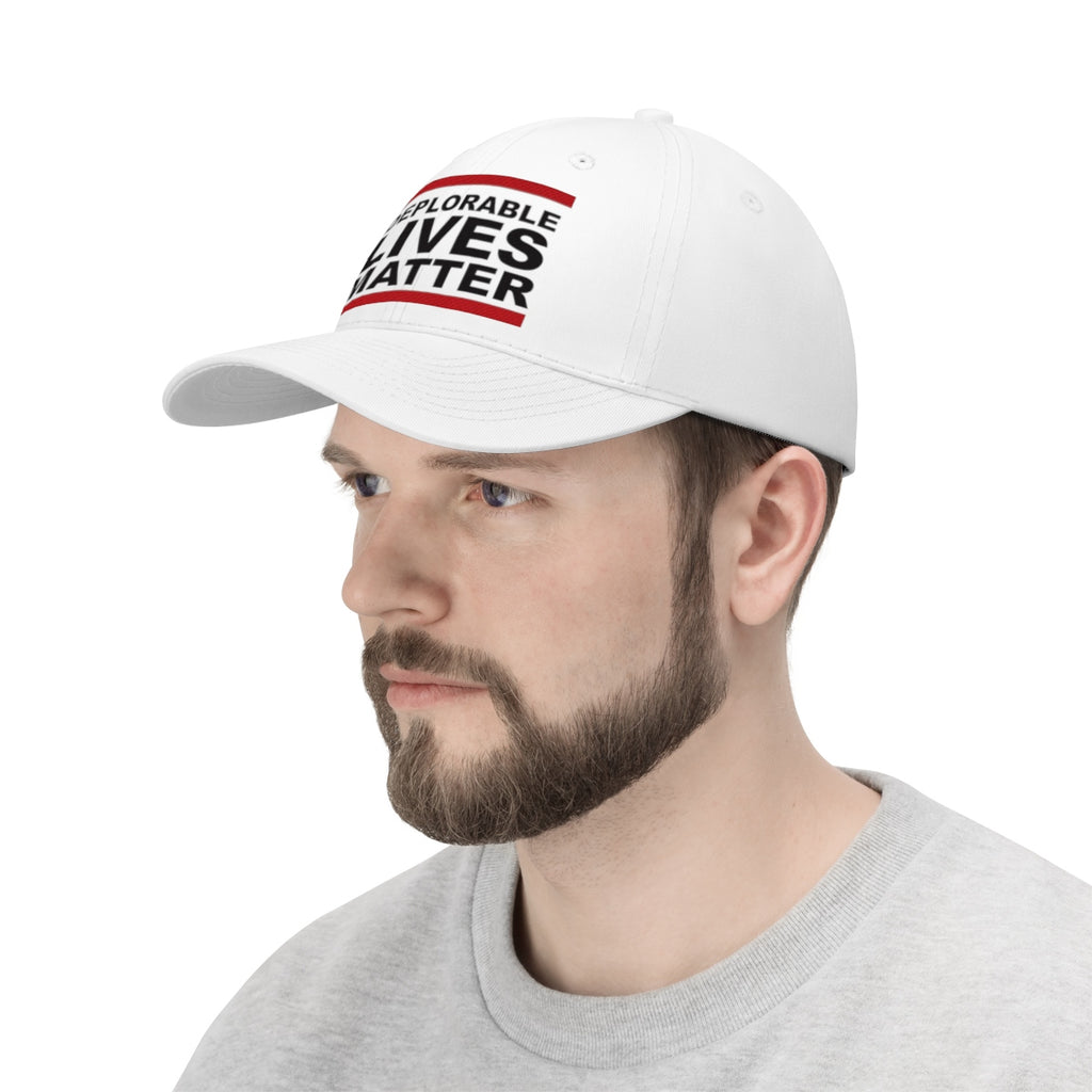 Deplorable Lives Matter Twill Cap worn by a man, showcasing bold text on a white cap.