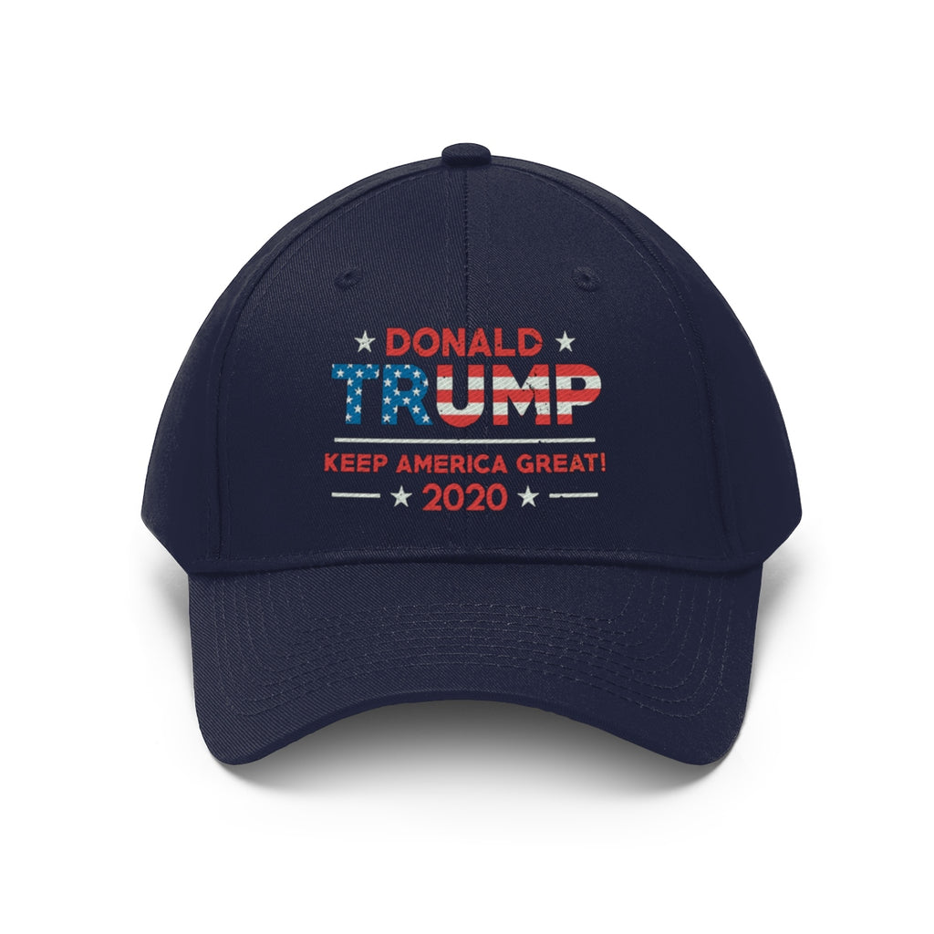 Donald Trump Keep America Great 2020 Twill Cap in navy with iconic slogan and stars design.