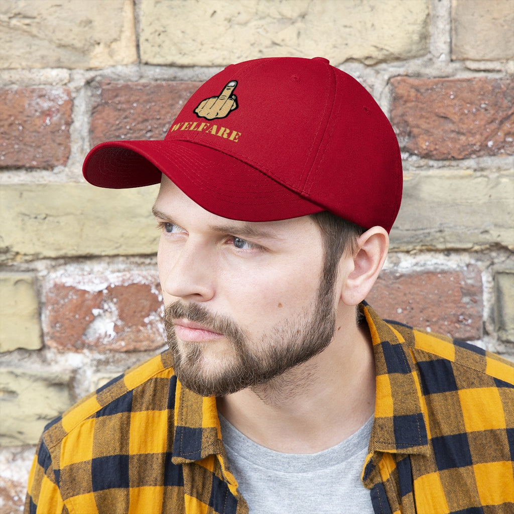 Man wearing a Vintage Fuck Welfare Cotton Twill Cap Design in red, showcasing a defiant aesthetic.