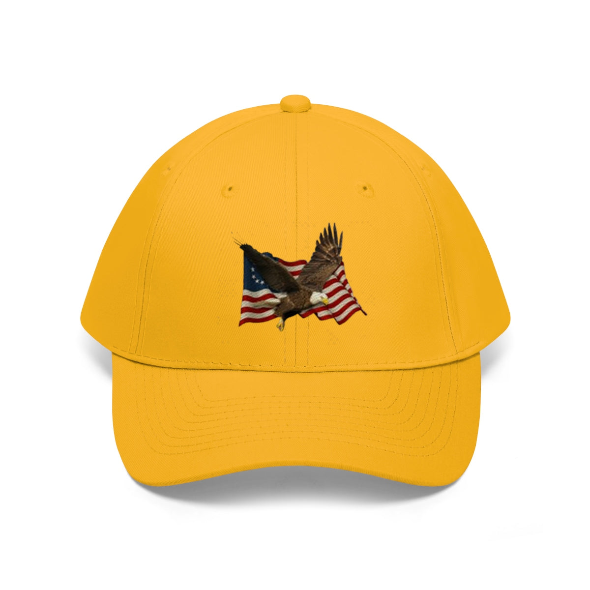 Eagle On American Flag Twill Cap with yellow base and detailed eagle embroidery on American flags.