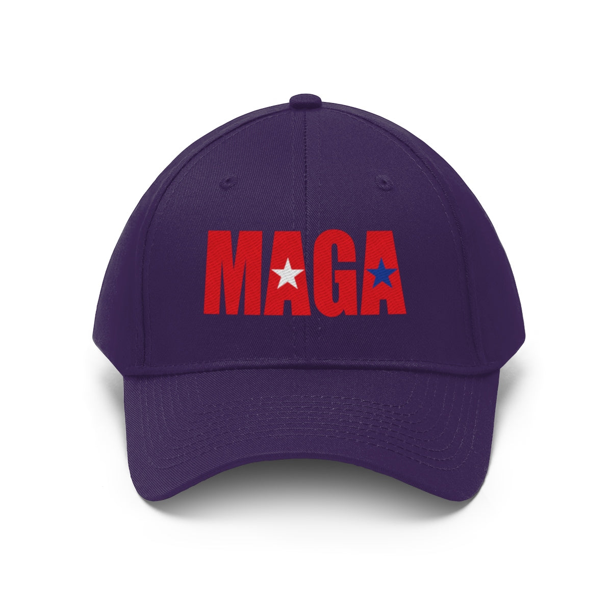 Embroidered MAGA Cotton Twill Cap Design showcasing bold MAGA letters on a dark purple cap.