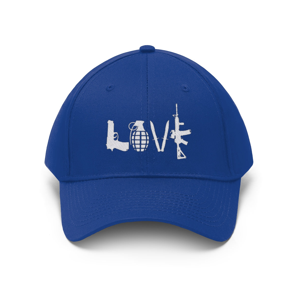 Love Combat Inspired Street Style Twill Cap featuring a bold design with guns and grenade on a blue cap.
