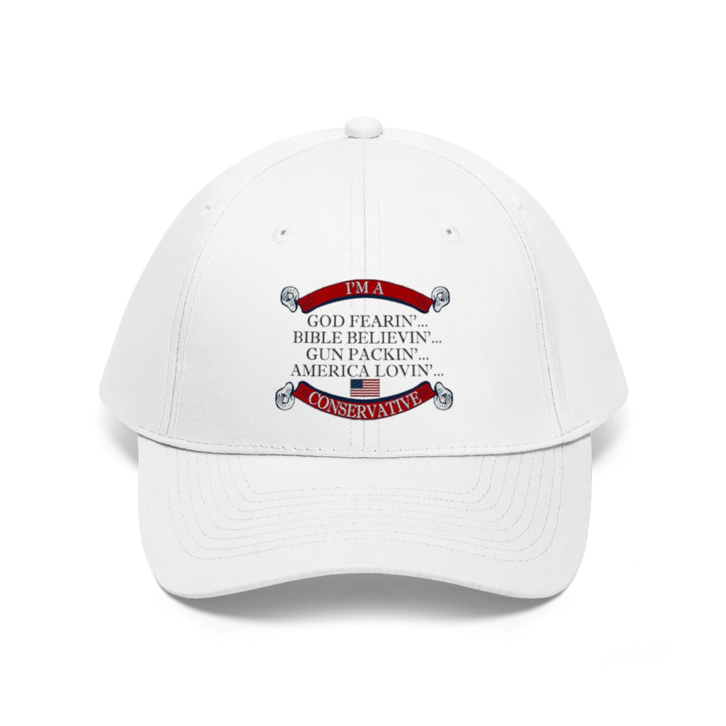 America Lovin' Conservative Twill Cap featuring patriotic text and bold colors, symbolizing commitment to traditional values.