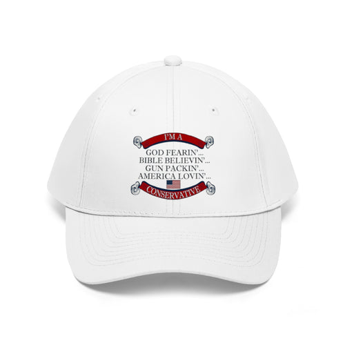 America Lovin' Conservative Twill Cap featuring patriotic text and bold colors, symbolizing commitment to traditional values.