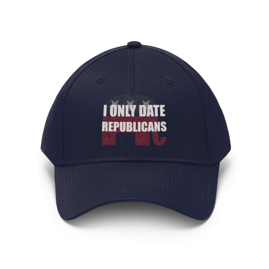 I Only Date Republicans Twill Cap featuring bold text on a navy blue background.