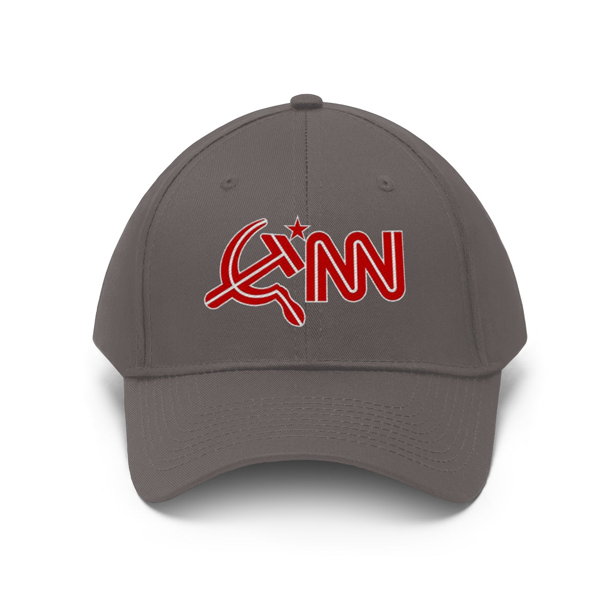 CNN Logo as Hammer and Sickle Twill Cap featuring a unique logo design on a gray dad hat.