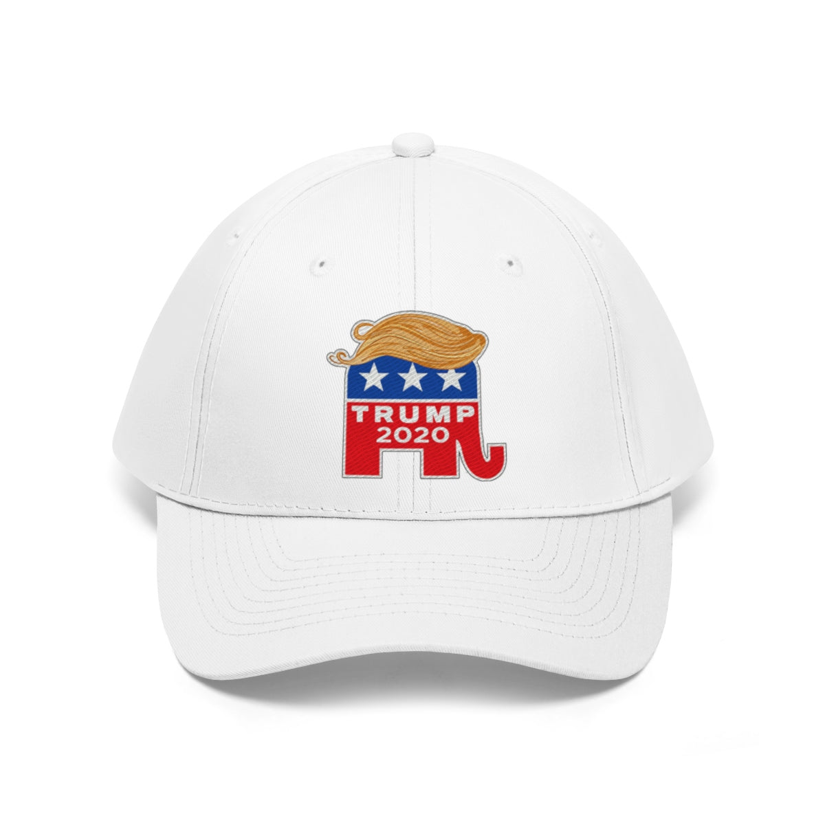 Hair 2020 Twill Baseball Cap Featuring Trump design with political graphics on a white base.