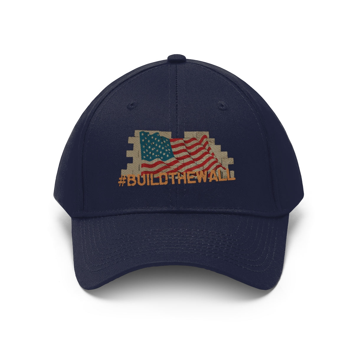 Build The Wall On American Flag Twill Cap featuring American flag design and #BUILDTHEWALL messaging