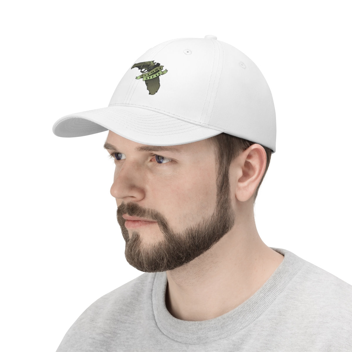 Man wearing Florida The Gunshine State Twill Cap featuring a unique design on a white background.