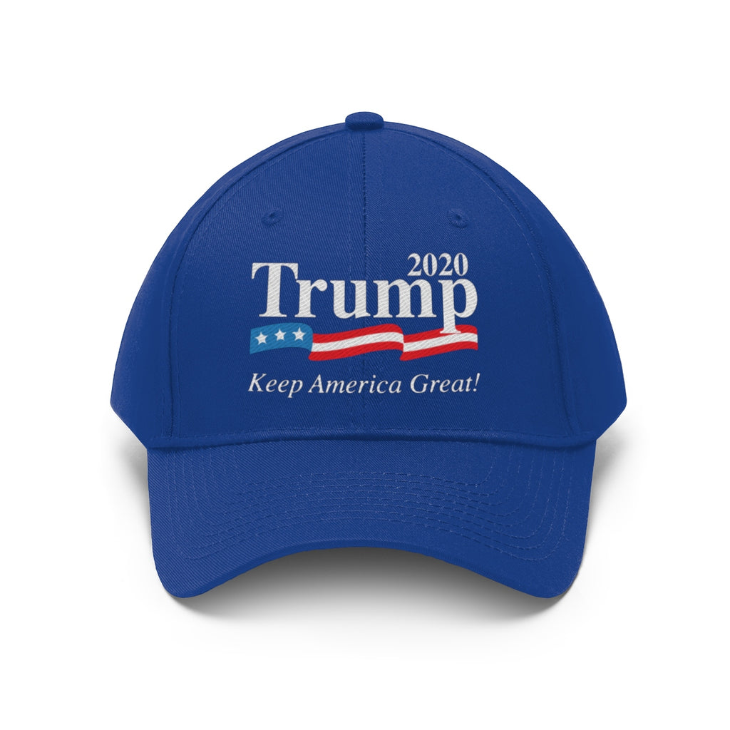 Trump 2020 Keep America Great Twill Cap featuring patriotic colors and bold lettering.