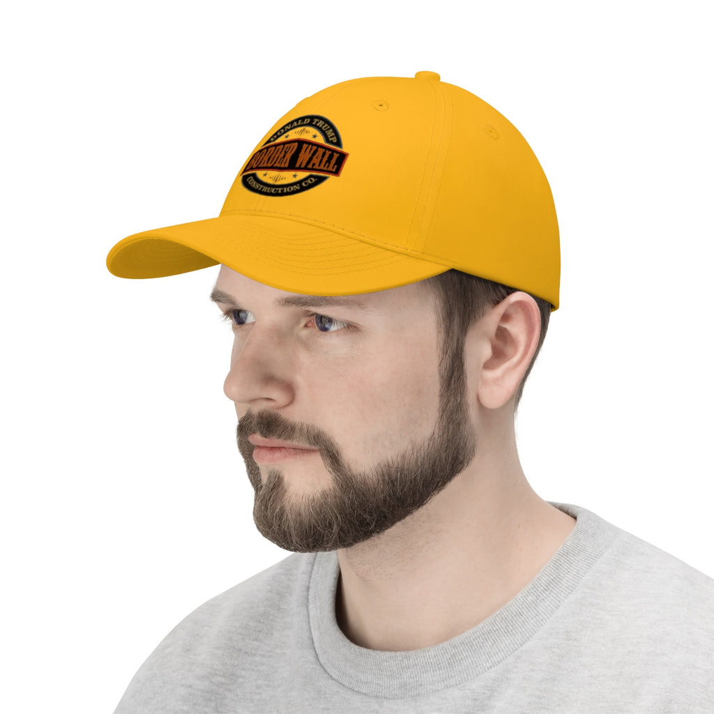 Classic Border Wall Twill Cap Donald Trump displayed on a model showcasing its bold design and vibrant color.
