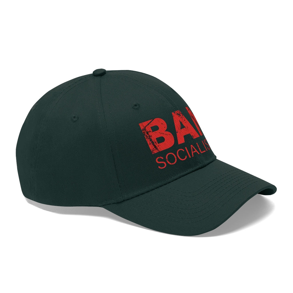 Ban Socialists Twill Cap Bold Message Graphic Cap in dark color with bold text for political expression.