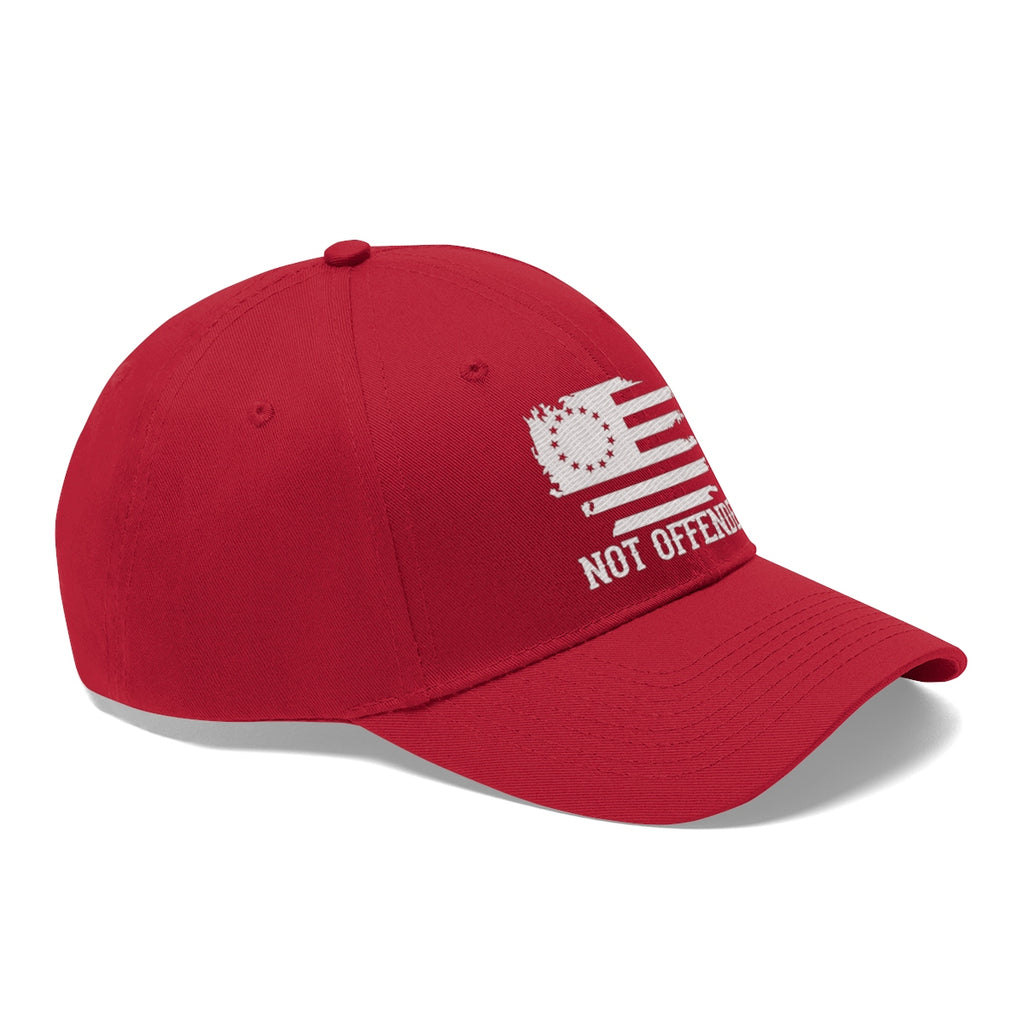 Embroidered Not Offended Adjustable Twill Cap in red with bold flag design and text.