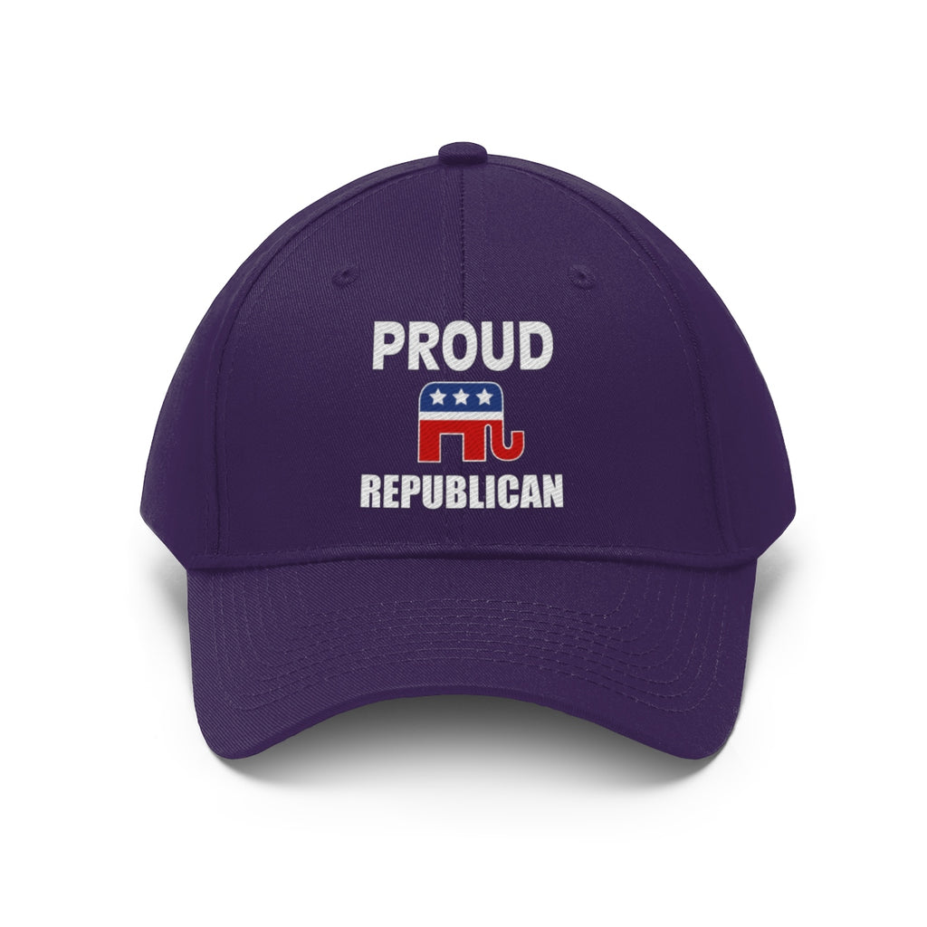 Classic Proud Republican Twill Baseball Cap featuring 'PROUD REPUBLICAN' text and elephant logo on a purple background.
