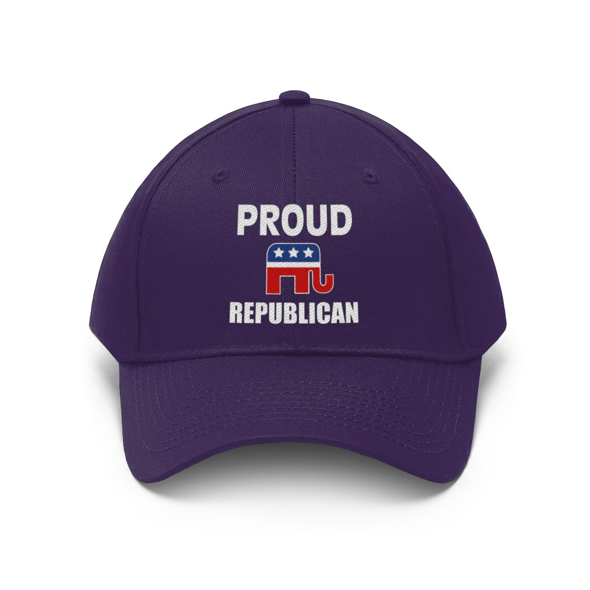 Classic Proud Republican Twill Baseball Cap featuring 'PROUD REPUBLICAN' text and elephant logo on a purple background.
