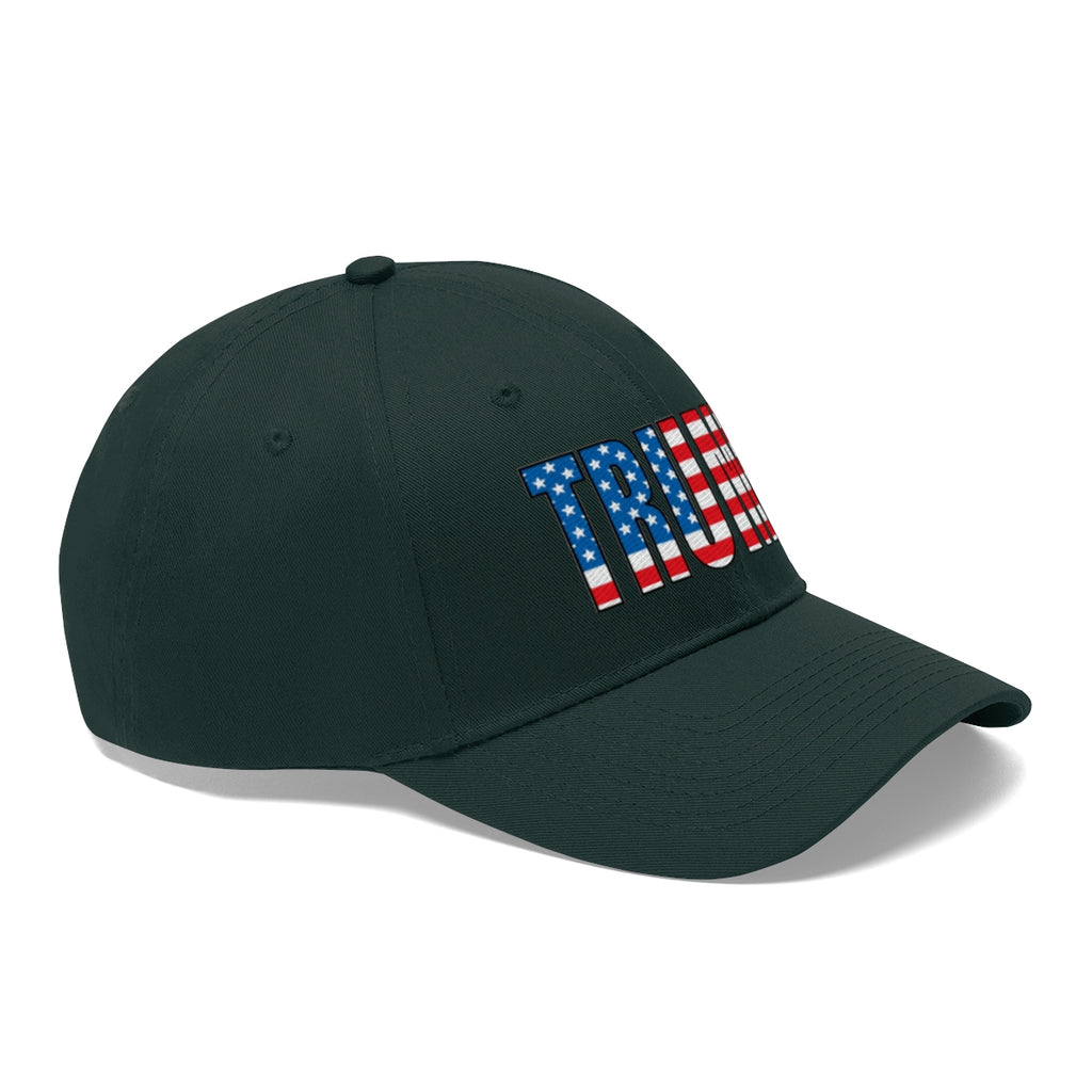 American Flag Twill Cap Patriotic Trump Classic Cap featuring bold 'TRUMP' lettering with American flag design.