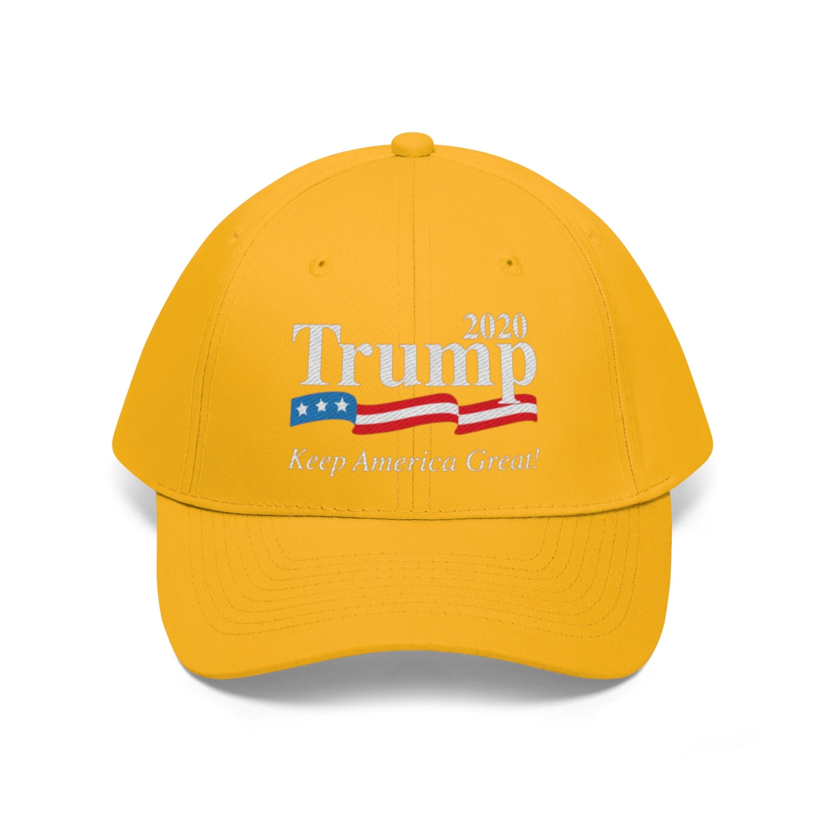 Trump 2020 Keep America Great Twill Cap in yellow with patriotic design and statement.