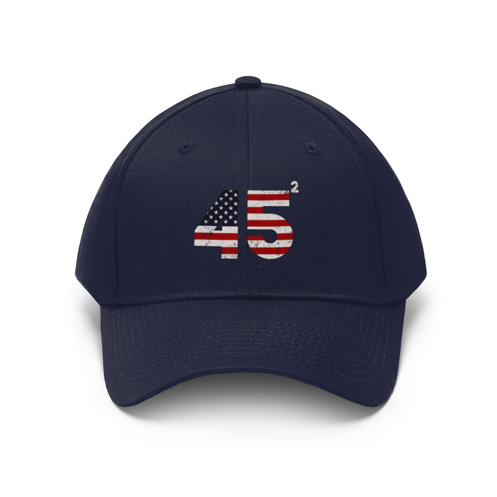 45 Squared Twill Cap Bold Numeric Statement Hat featuring American flag design on navy backdrop.