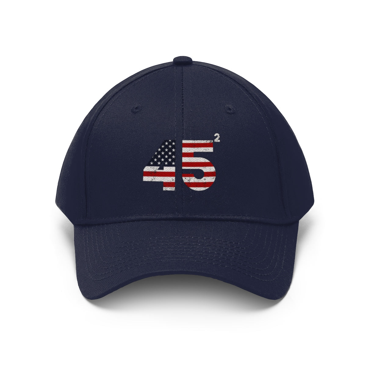 45 Squared Twill Cap Bold Numeric Statement Hat featuring American flag design on navy backdrop.