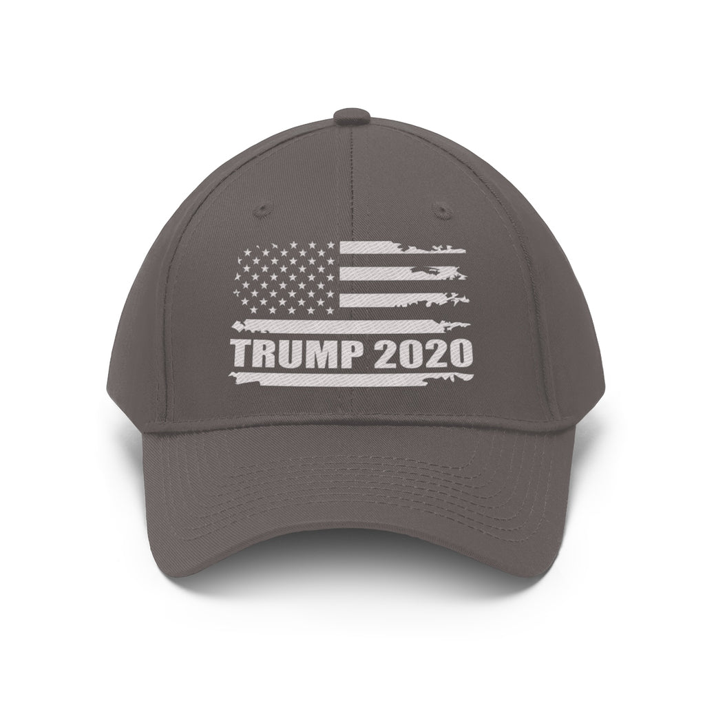 Trump 2020 Distressed American Flag Wht Ltrs Twill Cap displayed on a gray background.