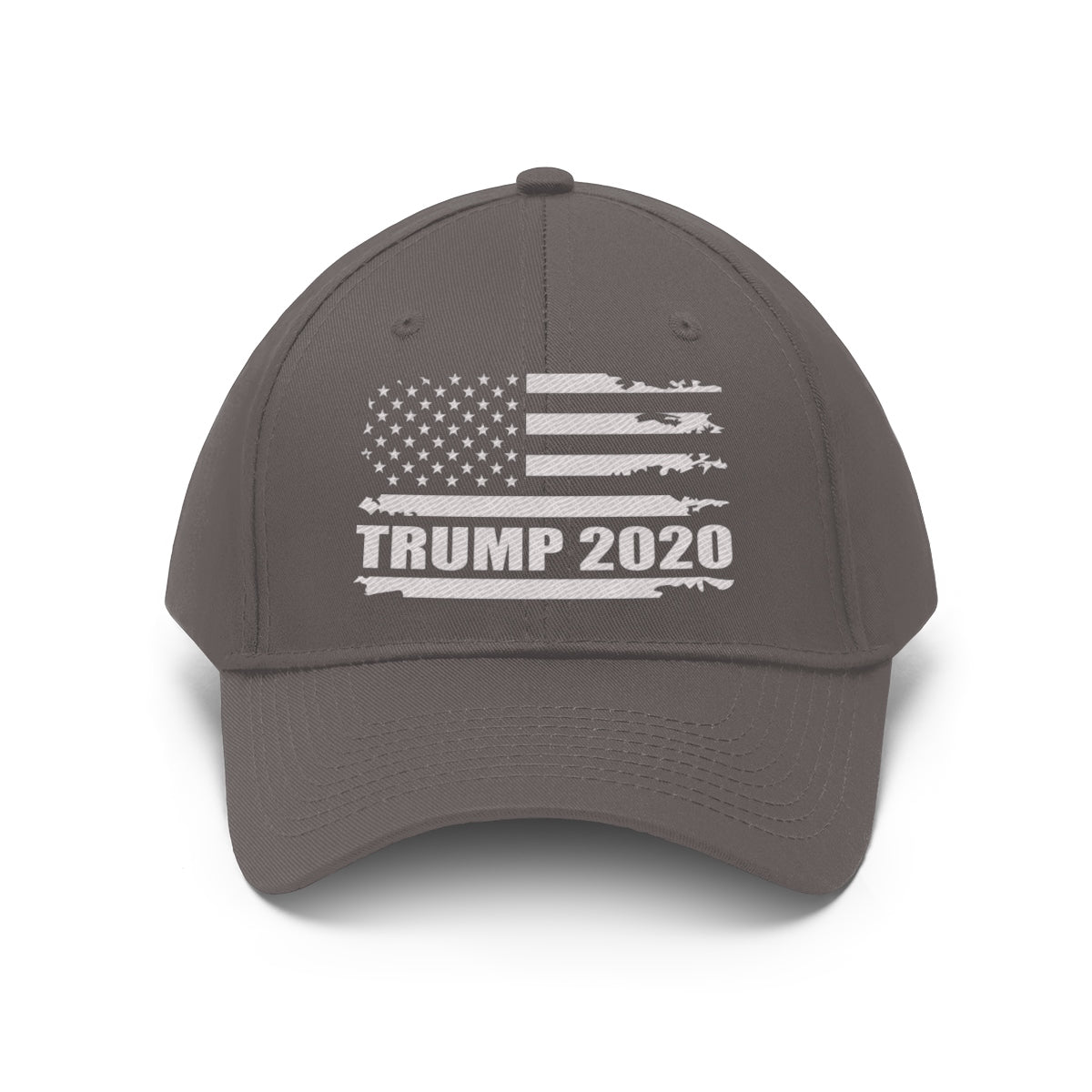 Trump 2020 Distressed American Flag Wht Ltrs Twill Cap displayed on a gray background.