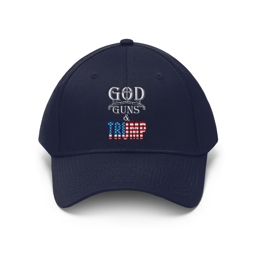 God Guns And Twill Cap Trump Patriotic Statement Hat featuring navy design with patriotic elements.