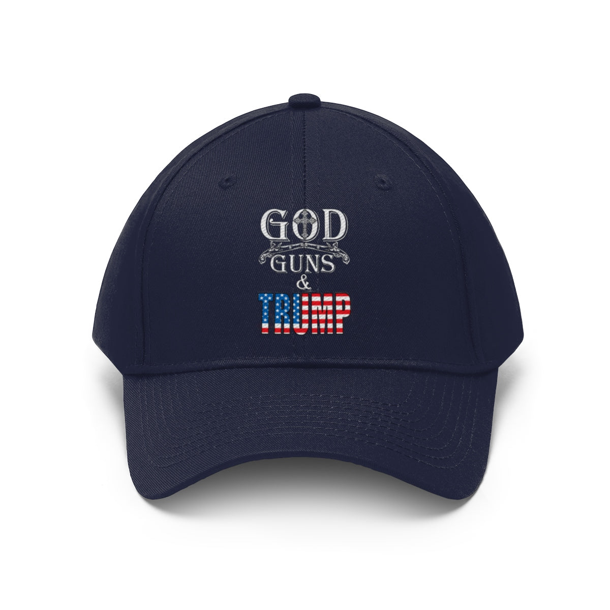 God Guns And Twill Cap Trump Patriotic Statement Hat featuring navy design with patriotic elements.