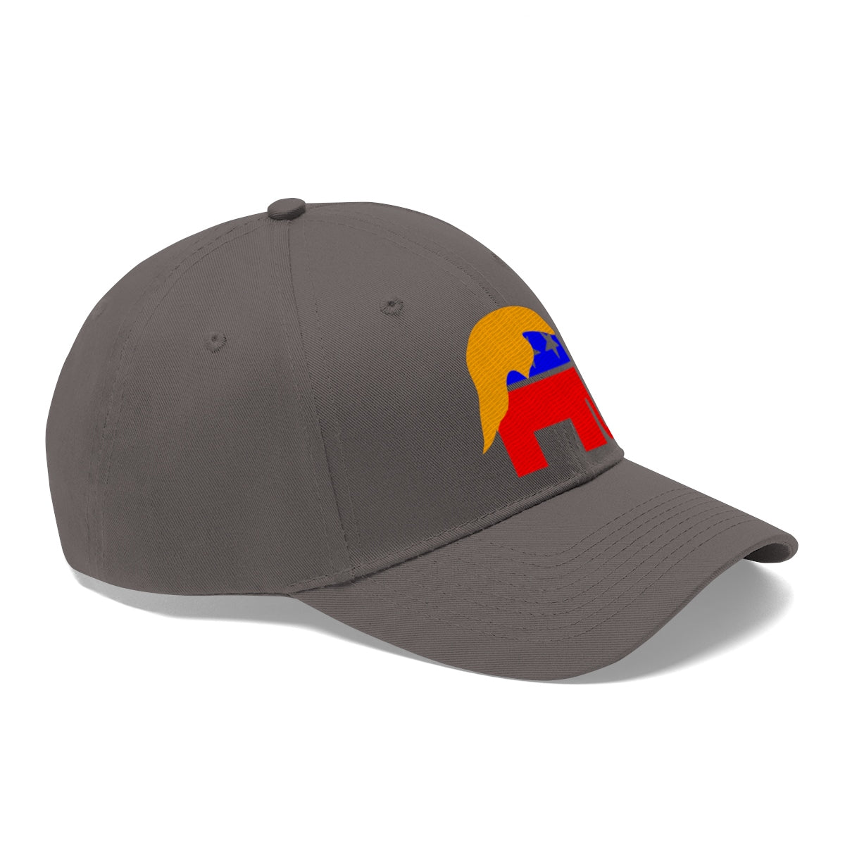 GOP Symbol With Trump Hair Twill Cap showcasing a gray hat with an iconic design for political expression.