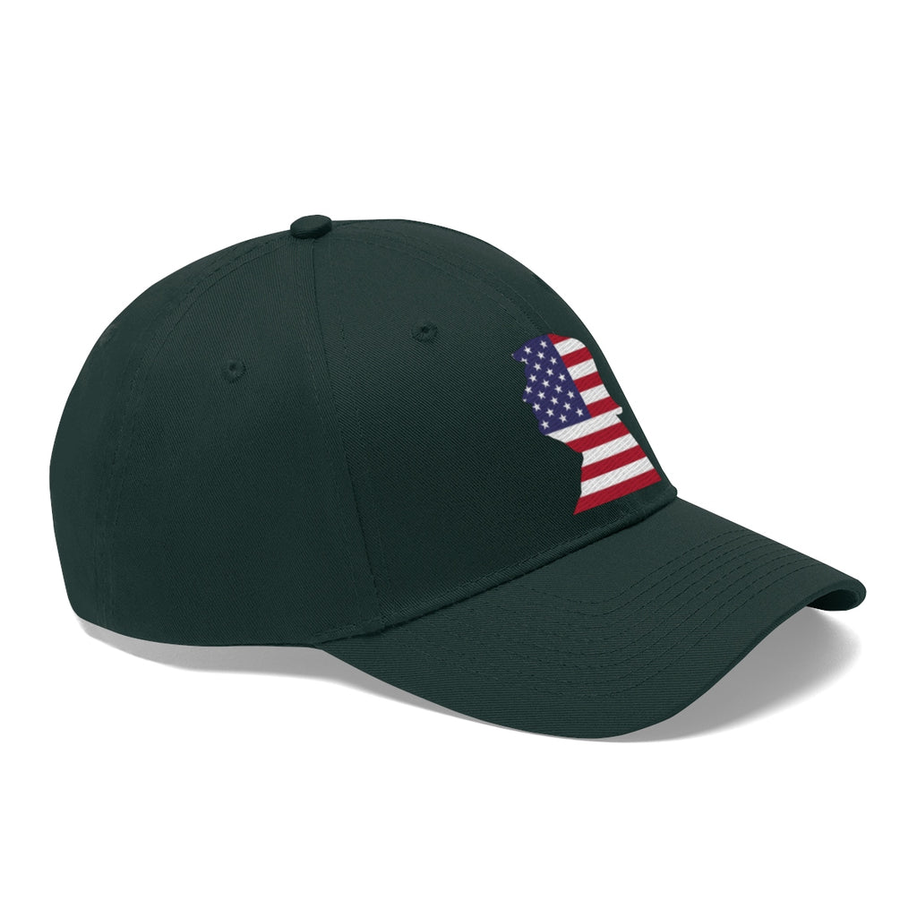 Trump American Flag SilhouetteTwill Cap featuring an American flag design on a green cap.