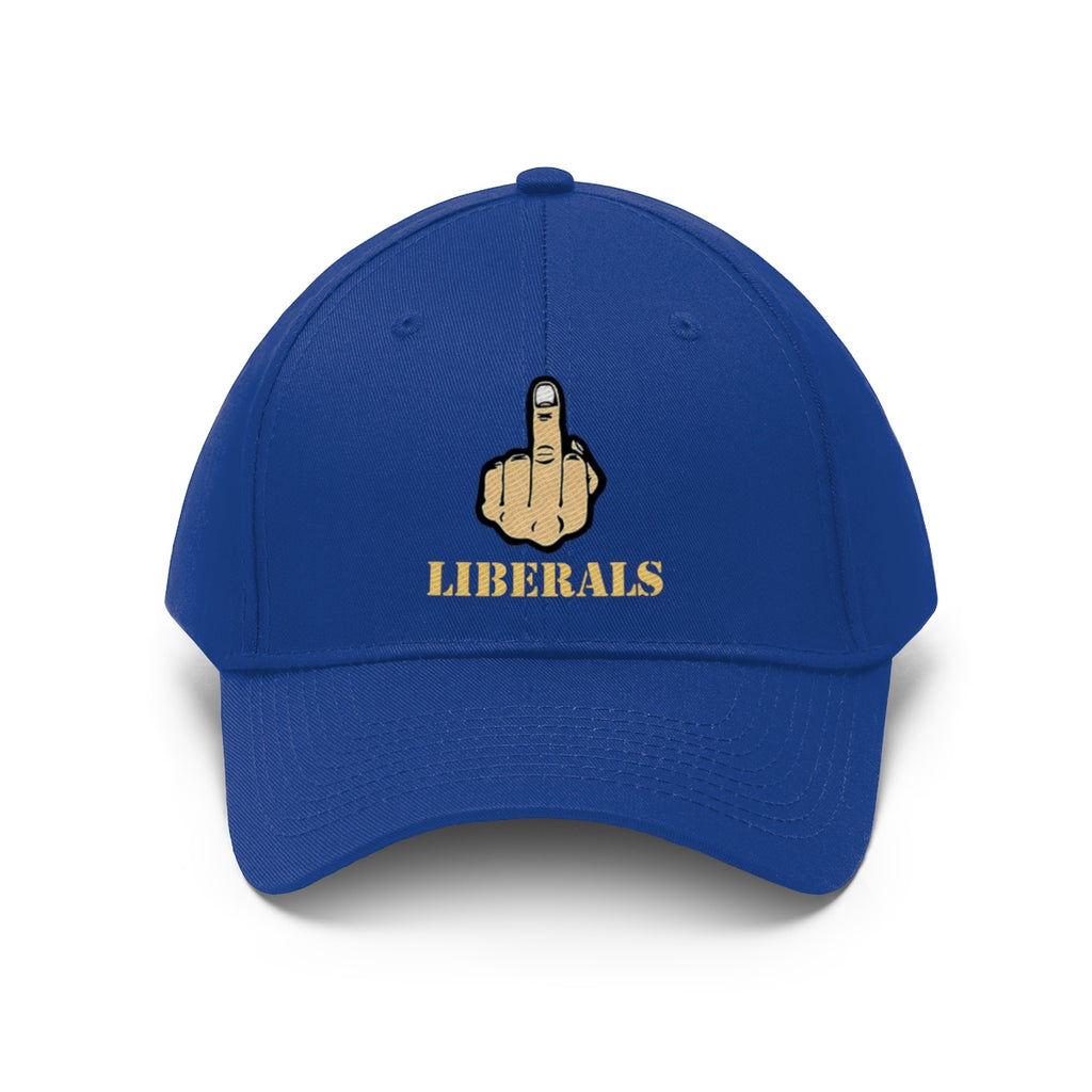Vintage Fuck Liberals Cotton Twill Cap Design blue cap with middle finger graphic and 'LIBERALS' text.