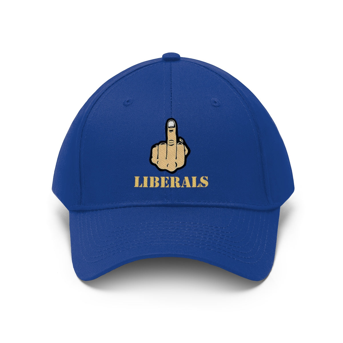 Vintage Fuck Liberals Cotton Twill Cap Design blue cap with middle finger graphic and 'LIBERALS' text.