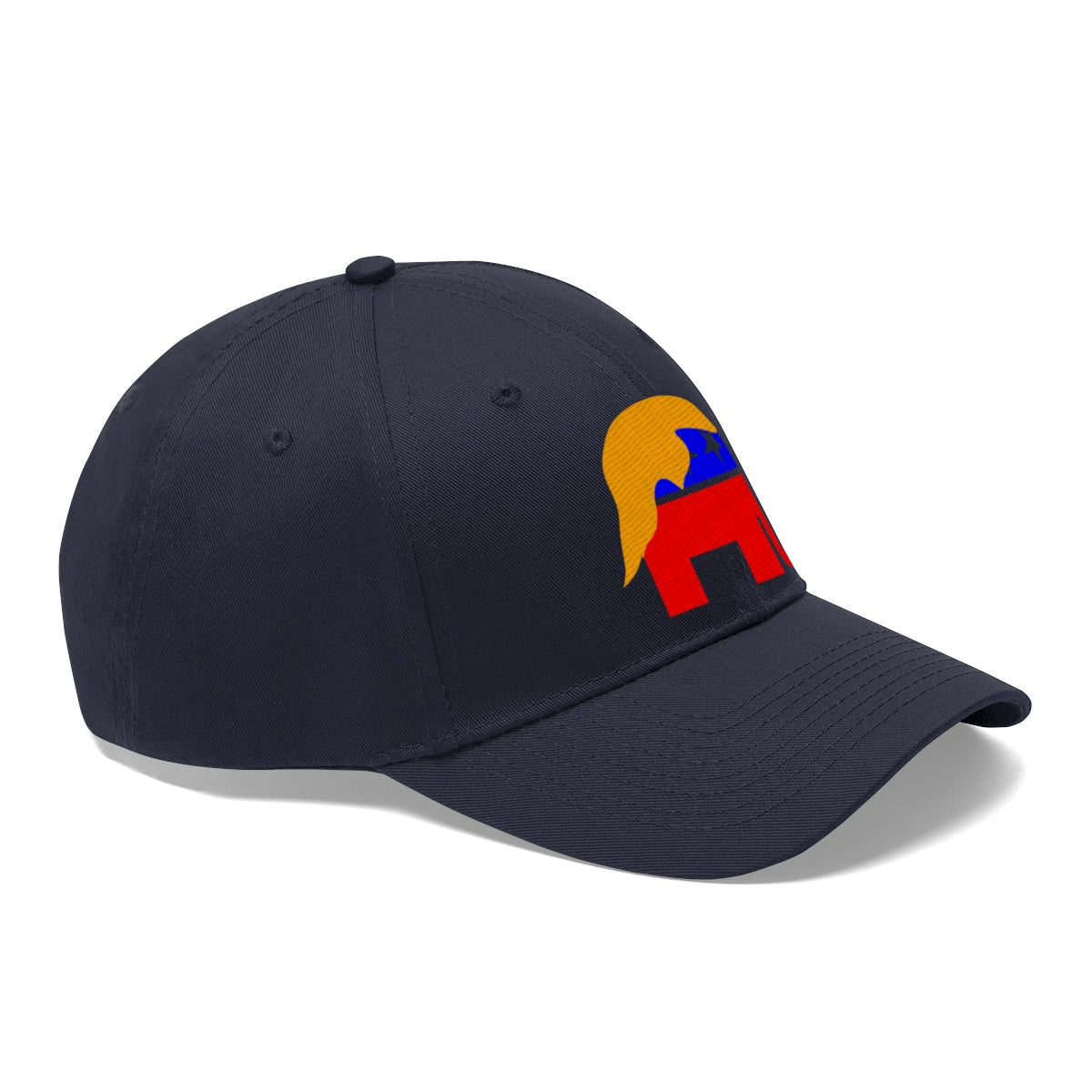 GOP Symbol With Trump Hair Twill Cap featuring a playful design for passionate patriots and supporters.