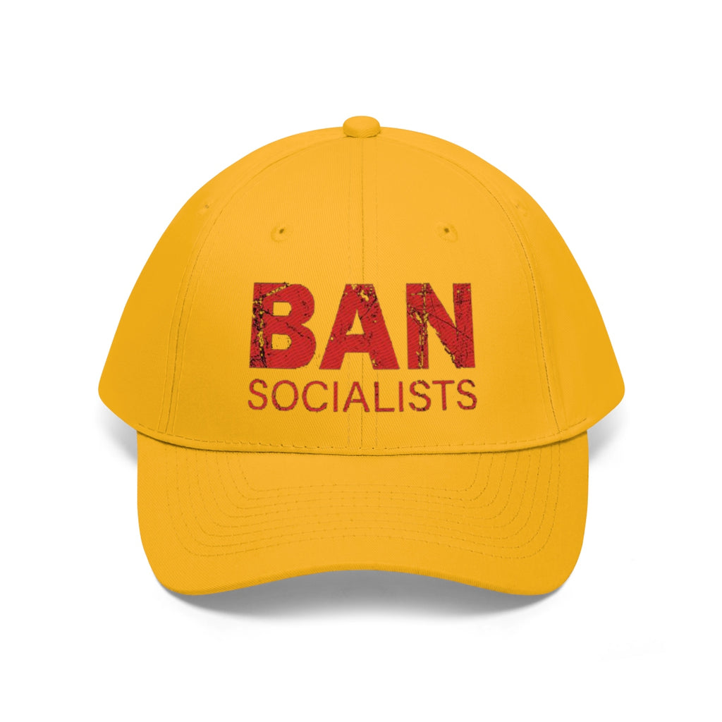Ban Socialists Twill Cap Bold Message Graphic Cap with bold red lettering on a yellow dad hat.