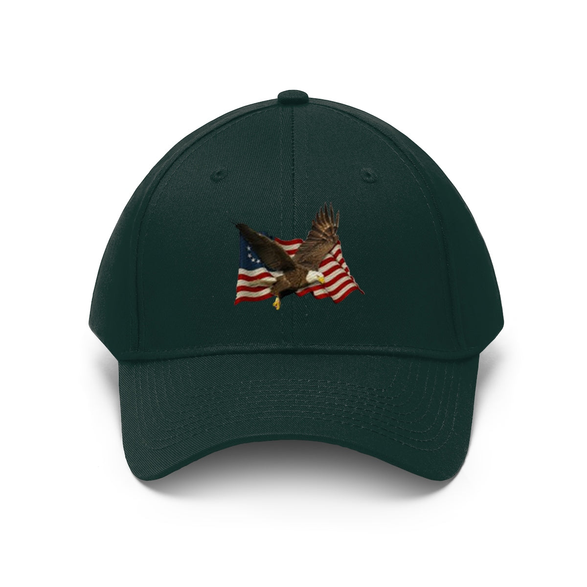 Eagle On American Flag Twill Cap featuring intricate embroidery of a bald eagle on an American flag design.