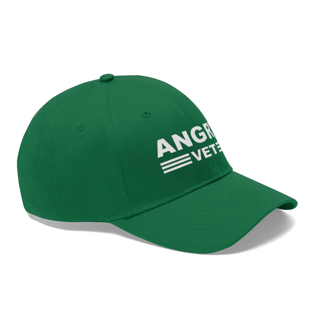 Angry Vet Twill Cap Veteran Pride Graphic Hat in green with bold lettering.
