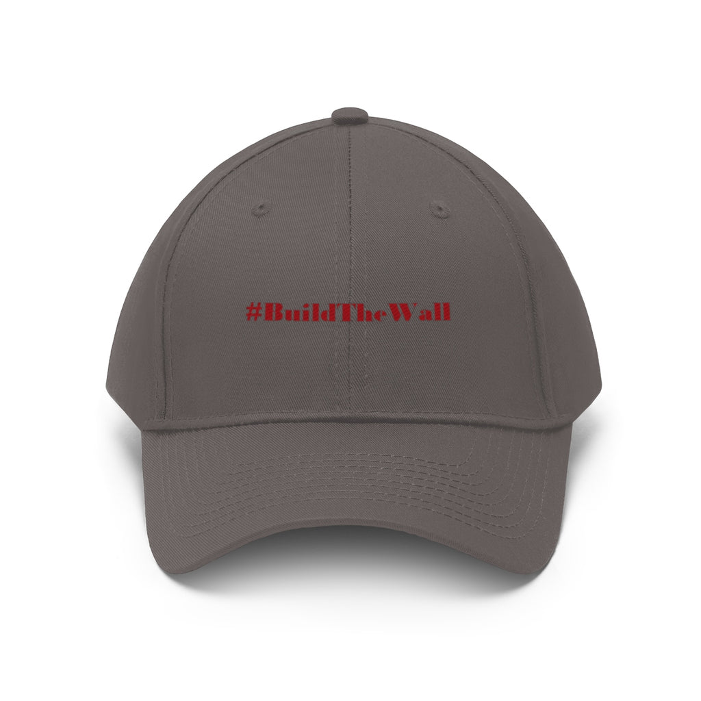 Build The Wall Embroidered Cotton Twill Cap featuring #BuildTheWall slogan on a solid gray cap.