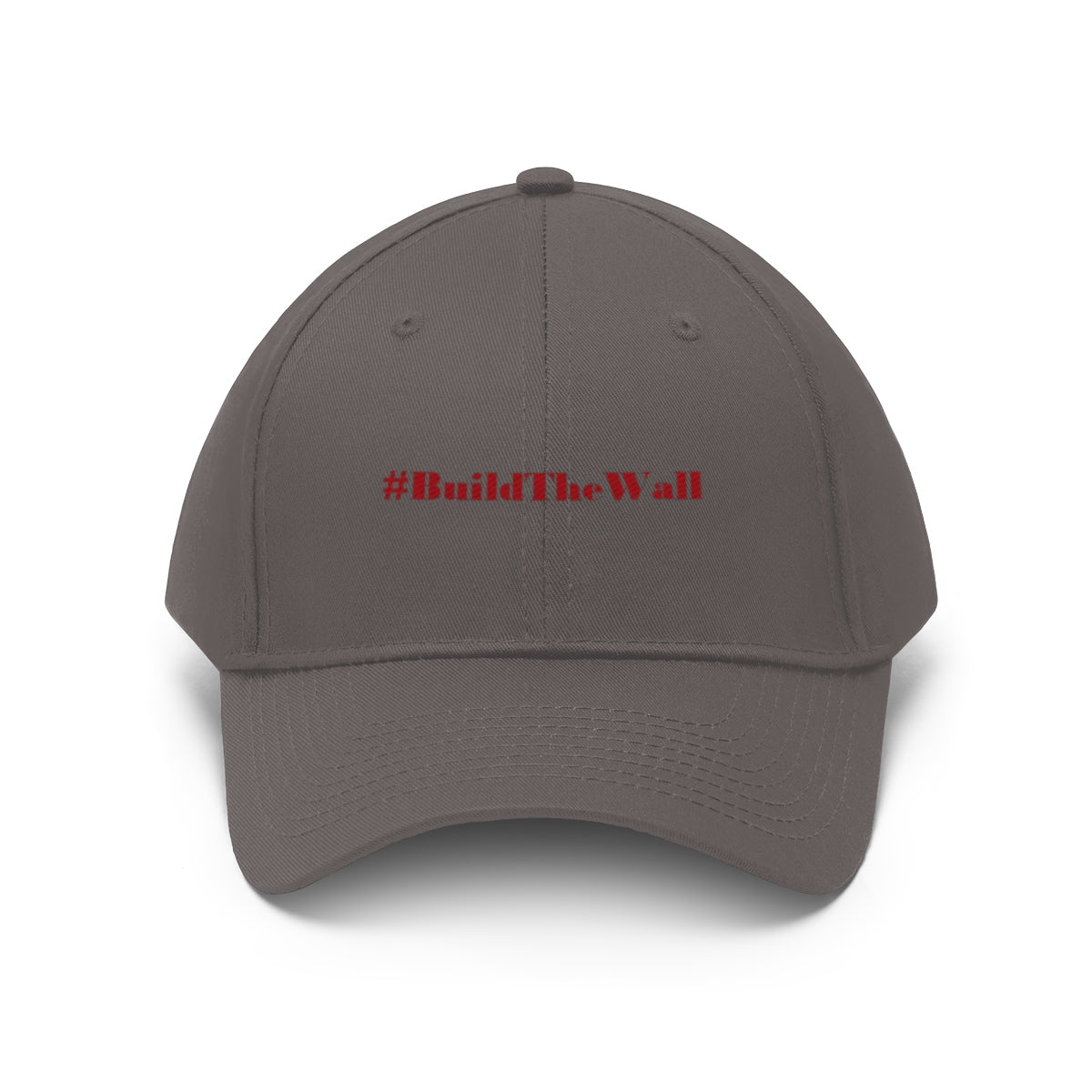 Build The Wall Embroidered Cotton Twill Cap featuring #BuildTheWall slogan on a solid gray cap.