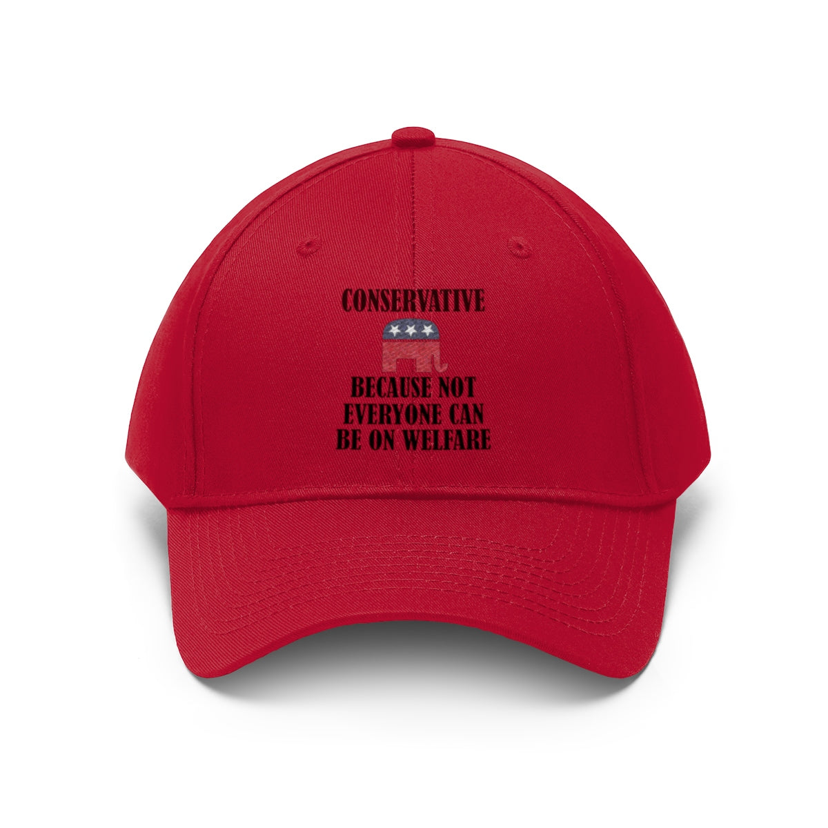 Red Conservative Values Twill Cap Design featuring text about conservative beliefs and welfare.