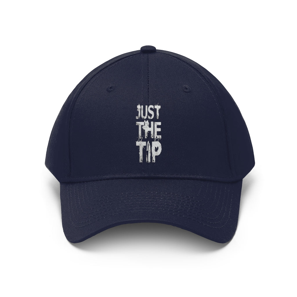 Just The Tip Funny Quote Twill Baseball Cap in navy blue with embroidered text design on the front.