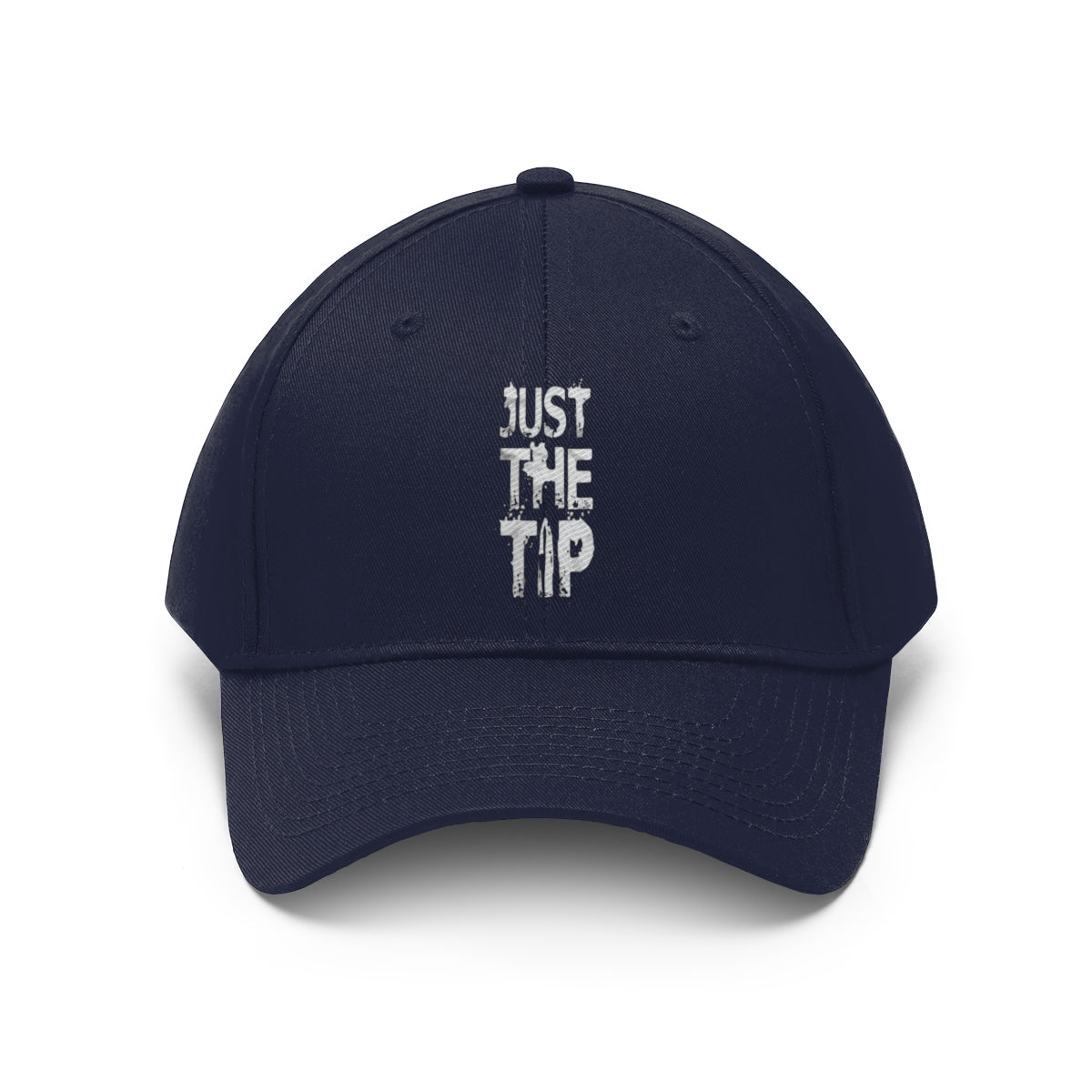 Just The Tip Funny Quote Twill Baseball Cap in navy blue with embroidered text design on the front.