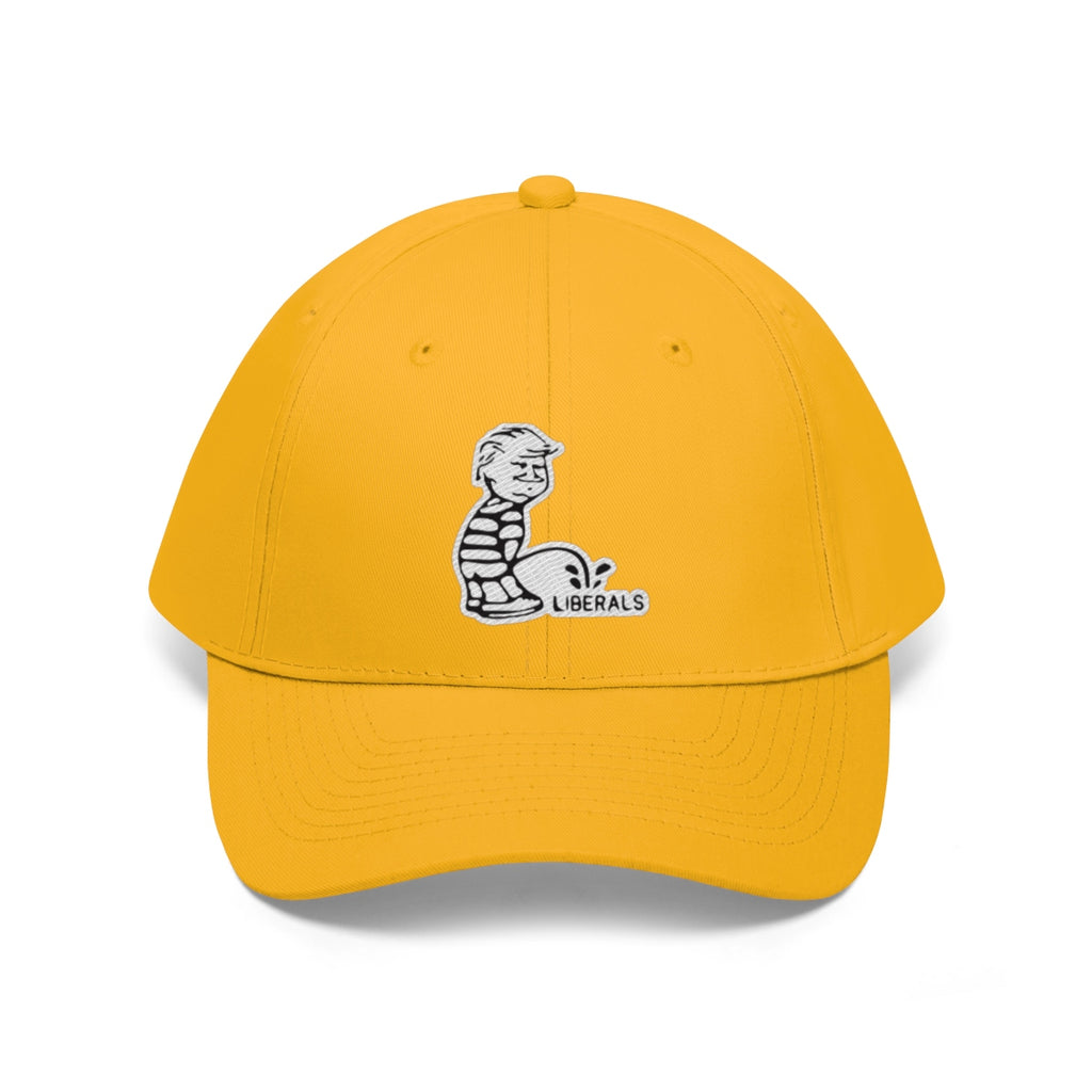 Trump USA Pride Embroidered Twill Cap featuring a cartoon design and bold yellow color.